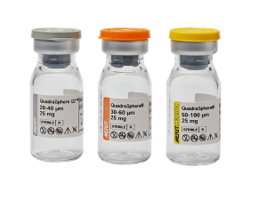 Image shows 3 vials of Quadrasphere Microspheres