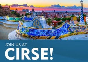 Colorful view of Barcelona, Spain with white text on a blue background - Join Us at CIRSE