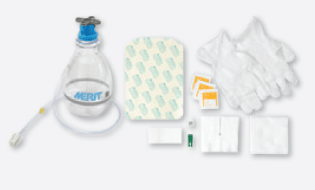 Image of the Aspira Bottle Drainage Kit components including the Aspira bottle, gloves, alcohol wipes, an adhesive dressing and more