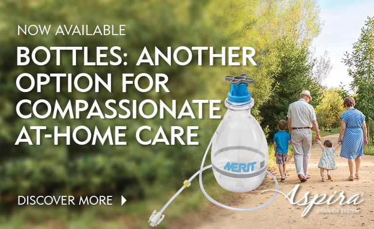 Image shows an older couple walking with young children down a dirt path, surrounded by trees. Copy reads: Now Available: Bottles: Another Option for Compassionate At-Home Care - Discover More - Aspira Bottle