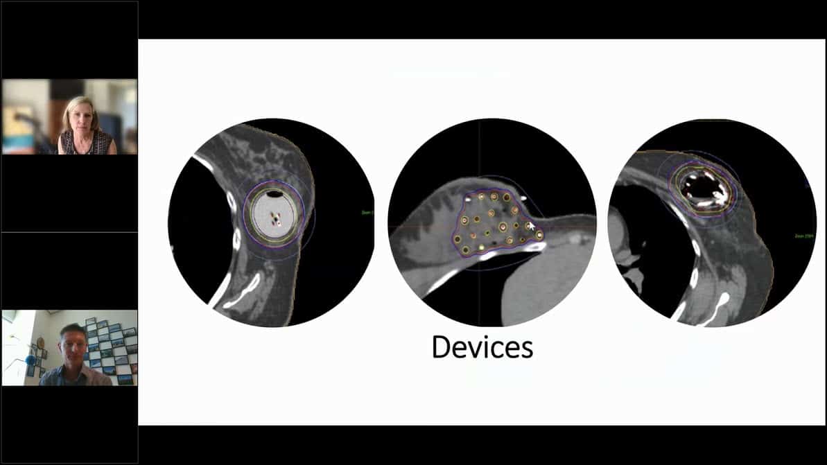 Screengrab from Video showing female doctor in top left and male doctor in bottom left, with 3 medical images in the center