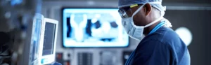 Masked doctor, with safety glasses and surgical cap on, looking at a computer monitor