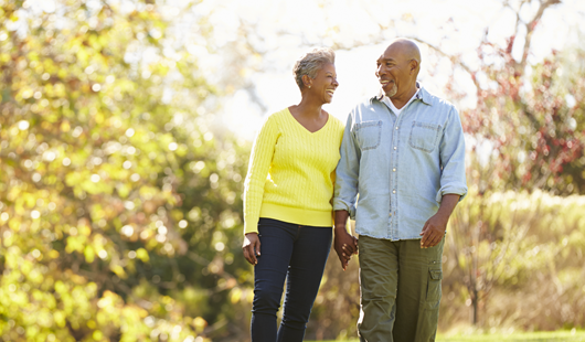 An older Black couple, holding hands and walking thru the trees