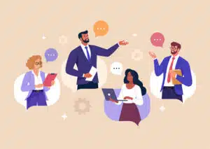 Animated image showing 4 individuals wearing business professional clothing and thought bubbles