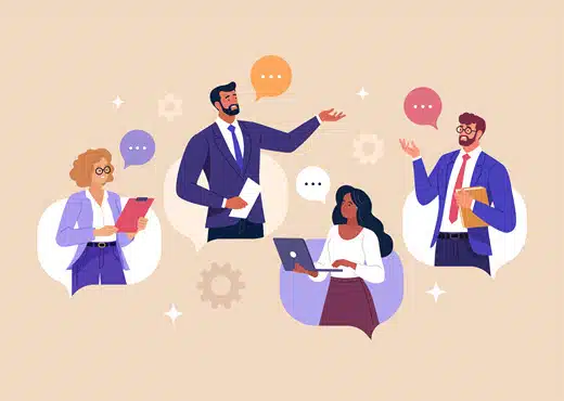 Animated image showing 4 individuals wearing business professional clothing and thought bubbles
