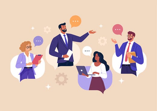 Animated image showing 4 individuals wearing business professional clothing and thought bubbles