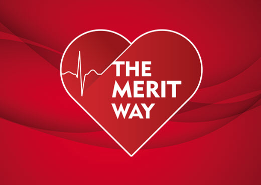 The Merit Way logo on a red swoop background